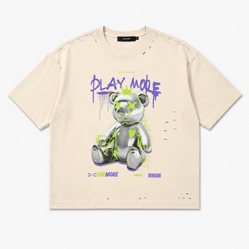 ONEMORE “Play More” Graphic Distressed T-Shirt – Cream