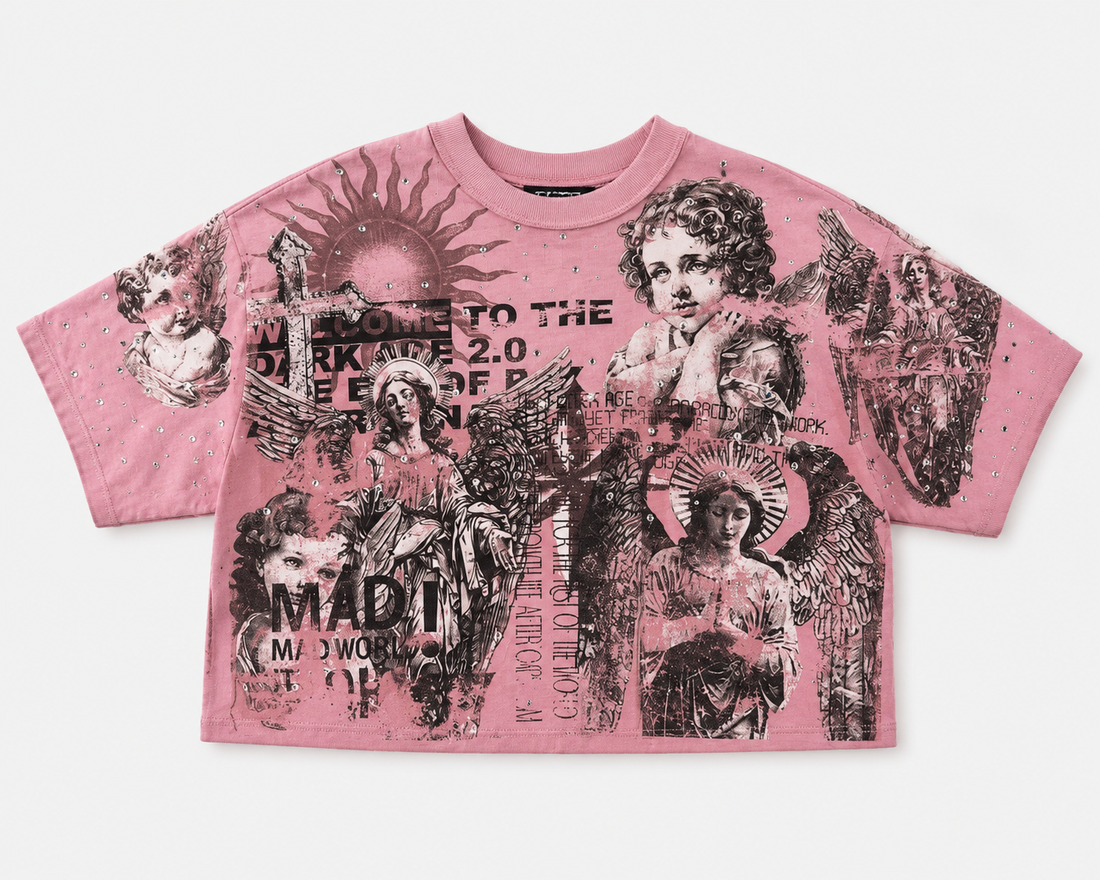 Mad World Rhinestone Graphic Crop T-Shirt