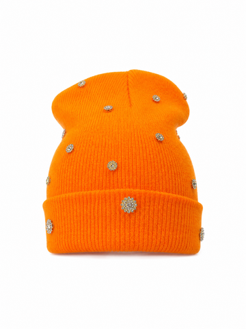 Orange Rhinestone Embellished Knit Beanie