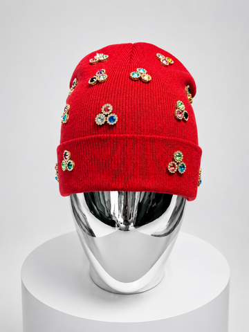 Luxury Red Rhinestone Knit Beanie