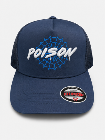 Poison Trucker Hat – Navy Blue Spider Web Embroidered Snapback