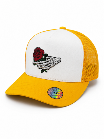Skeleton Rose Trucker Hat – Yellow & White
