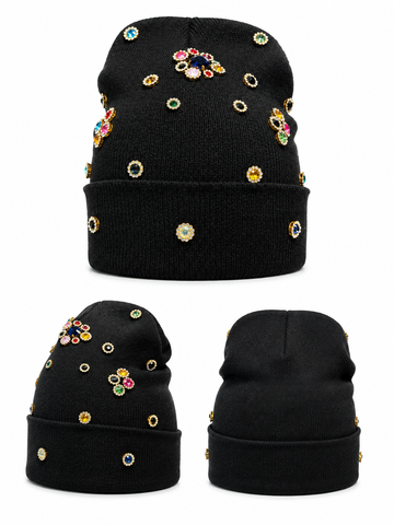 Luxury Black Rhinestone Knit Beanie