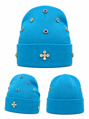 Luxury Rhinestone Blue Knit Beanie