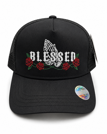 Blessed Trucker Hat – Black with Embroidered Prayer Hands & Rose Design