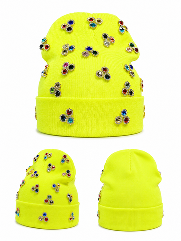 Luxury Neon Yellow Rhinestone Knit Beanie