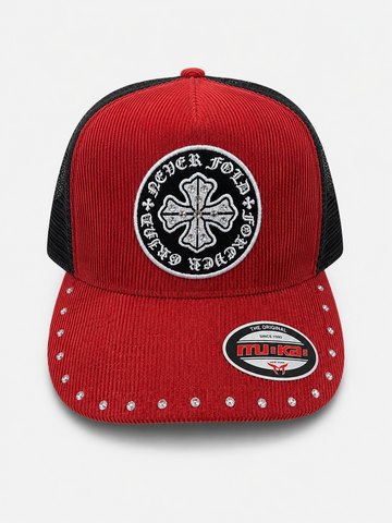 Never Fold Trucker Hat – Red Corduroy with Rhinestone Cross Patch