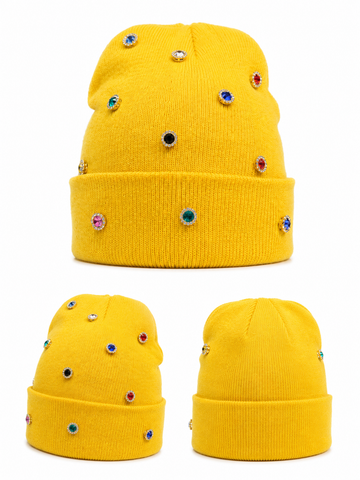 Luxury Rhinestone Yellow Knit Beanie
