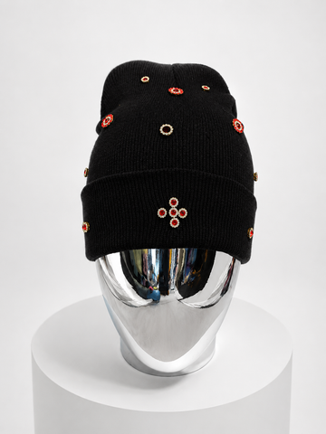 Luxury Black & Red Rhinestone Cross Knit beanie