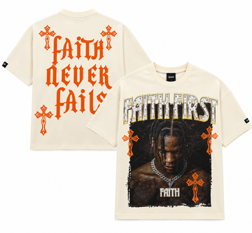 Faith First “Faith Never Fails” Graphic T-Shirt – Cream