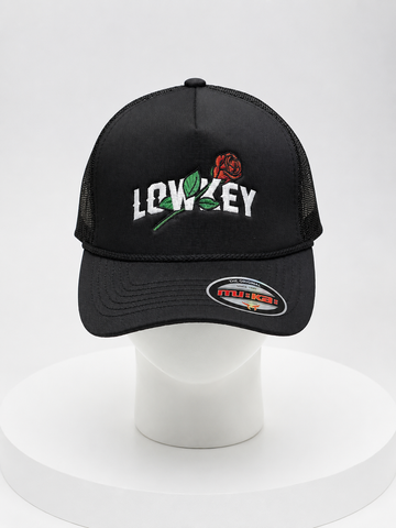 LOVELEY Rose Trucker Hat – Black and white