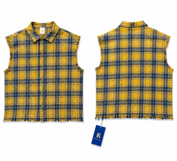 Sleeveless Distressed Plaid Button-Up Shirt