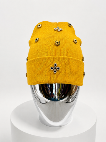 Luxury Rhinestone Yellow Knit Beanie