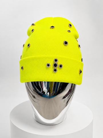 Luxury Neon Yellow Rhinestone Cross Knit Beanie