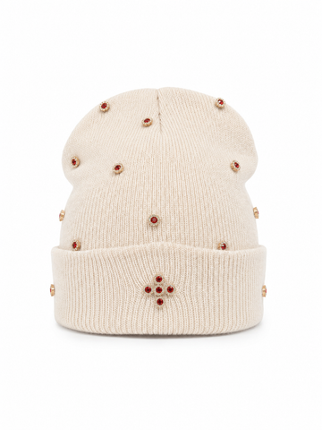 Cream Knit Beanie with Red Crystal Cross Detail